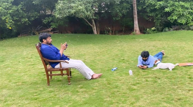 Chiru, Charan & Their Dog Casually Chilling In Their Lawn!
