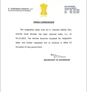 Telangana Governor accepted the resignation of KCR